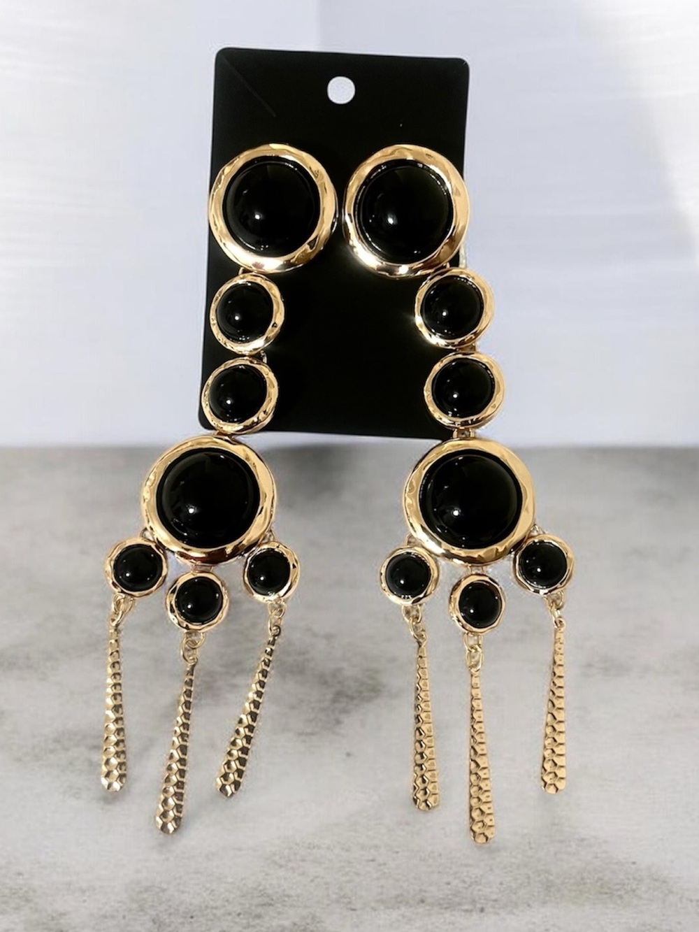 Gold Drop Earrings with Black Stones